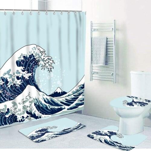Coastal Beach Scenery Printed Shower Curtain Bathroom Rug Lid Toilet Cover Bath Mat Set Floor Rugs Curtains with Hooks Dropship