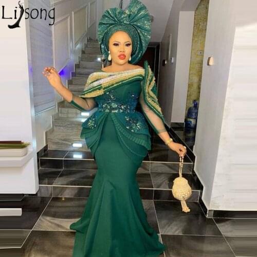 Nigeria Green Prom Dresses vestidos Mermaid Evening Dresses 2020 Beaded Appliques Ruffled 3/4 Sleeve Formal Aso Ebi Gowns
