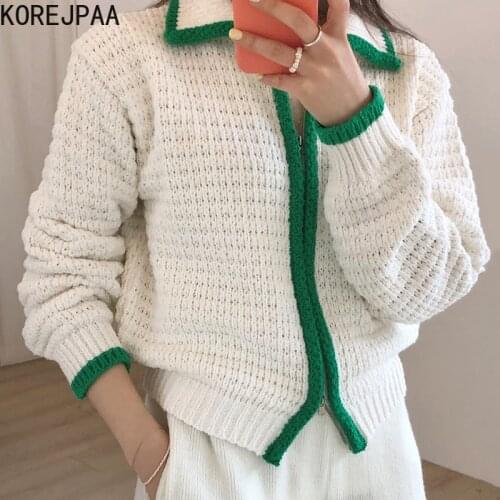 Korejpaa Women Blouse 2021 Autumn Korea Temperament Ladies V-Neck Bag Side Zipper Loose Long-Sleeved Knitted Cardigan Sweater