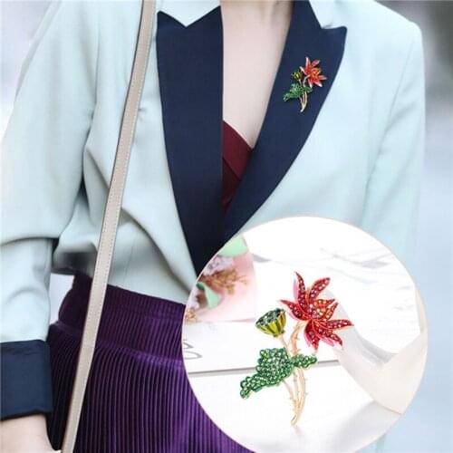 Red Flower + Green Leaf Enamel Lotus Flower Brooches Women Rhinestone Lotus Root Party Office Brooch Pins Gifts