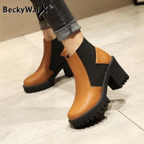 Women Fashion Ankle Boots Chunky Heels Botas 2021 Winter Autumn Short Women Boots Elastic Band Slip On Platform Shoes WSH3732