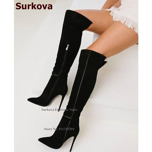 Surkova Black Suede Pointed Toe Thigh Boots Women Sexy Zipped Nightclub Dress Shoes Thin High Heel Gladiator Over The Knee Boots