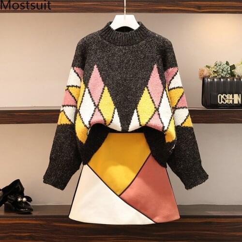 Plus Size 2019 Winter Plaid 2 Piece Skirt Suits Women Half-high Collar Sweater + Mini Skirt Suits Warm Fashion Korean 2 Pcs Sets