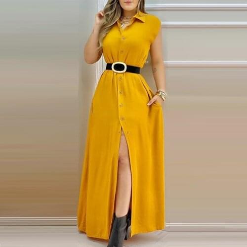Womens Turn Down Collar Long Shirt Dress Solid Sleeveless Single Breasted Casual Lady Robe Summer 2021 Elegant Fashion Dresses