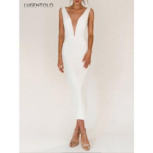 Women Sexy Dress Deep V-neck Spring Summerseleeveless Party Dresses Ladies Elegant White Slim Dinner Long Dress