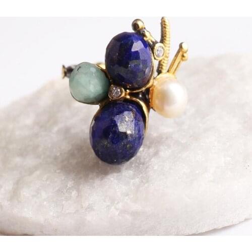 Blue Lapis Lazuli and Green Zircon Pearl Gold Plated Womens Silver Ring,Woman 925Silver Zircon Handmade Ring, Oval Zircon Ring