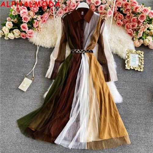 ALPHALMODA 2021 Contrast Color Women Patchwork Mesh Dres Polo Collar Large Flounce Ladies Autumn Winter Gauze Dress