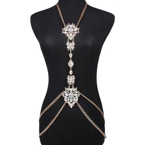 Women Gold Crystal Body Necklace Chain Elegant Rhinestone Waist Belly Sexy Chain Long Statement Necklace Body Jewelry Bijoux