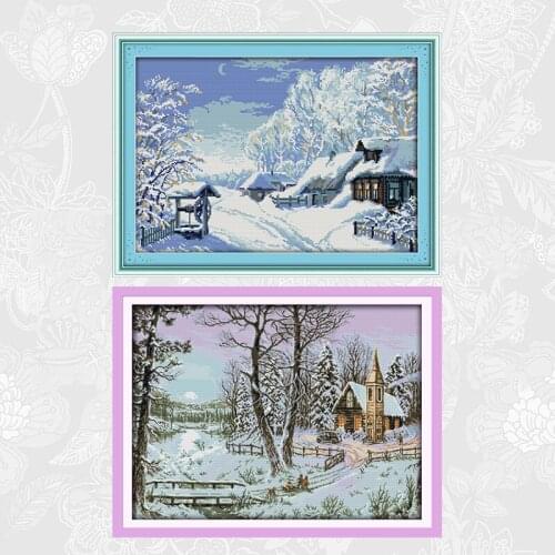 The Winter Snowscape Cross Stitch Paintings Printed on Canvas DIY Handmade Embroidery Sets for Needlework DMC Thread Crafts