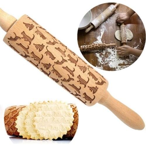 1pc 34cm Animals Pattern Wooden Embossing Rolling Pins Engraved Rolling Pin Housewarming Gift For Christmas New Year Decor