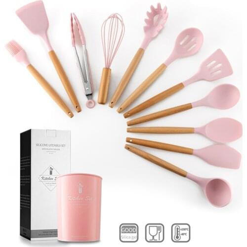 11PCS Silicone Cooking Utensils Set Non-stick Heat-resistant Spatula Shovel Wooden Handle Cooking Tools Set Kitchen Tools