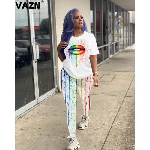 VAZN 2020 Casual Summer Beach Striped Two Piece Set Solid Set Ladies Short Sleeve Full Pant Female Matching Sets