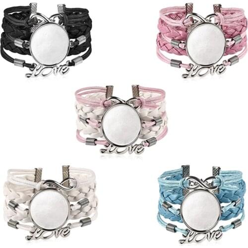 5Pcs/Lot Semi Finished Woven Rope Leather Bracelet with Blank Cabochon Setting 25mm Flat Round Base Jewelry Making DIY Component