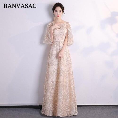 BANVASAC Illusion O Neck Lace Appliques 2018 A Line Long Evening Dresses Elegant Half Sleeve Bow Sash Party Prom Gowns