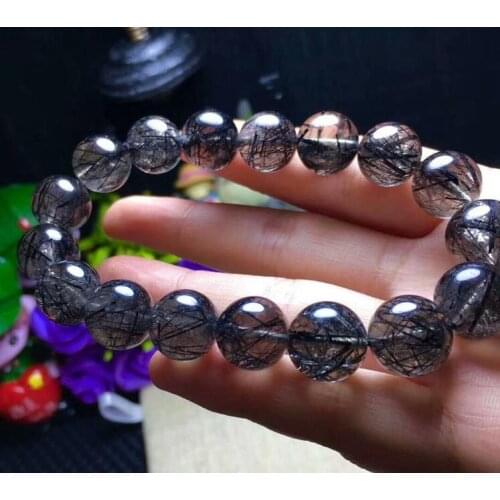 FREE SHIPPING Natural Black Rutilated Quartz Crystal Beads Bracelet 12-13mm AAA