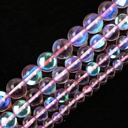 15" Pink Glitter Clear Austria Crystal Dull Polish Moon Stone Loose Beads For Jewelry Making Bracelet Necklace 6-12mm