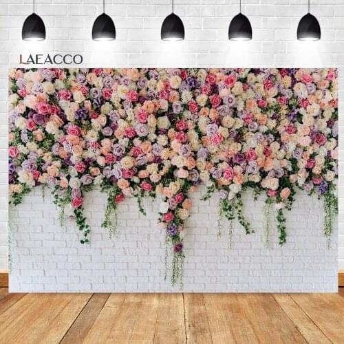 Laeacco Vintage White Solid Color Brick Wall Colorful Flower Background Baby Wedding Customized Portrait Photographic Backdrops