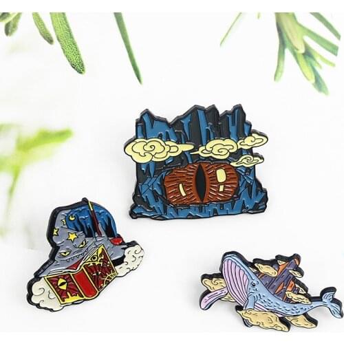 Trendy Wizard Hat Cloud Cave With Big Eyes Shark Flying To The Top Of The Cloud Mountain Combination Of Exquisite Enamel Brooch