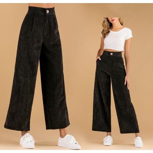 2020 new High quality Fashion Women Winter Wide Leg High Waist Solid Slant Pocket Corduroy Long Pants