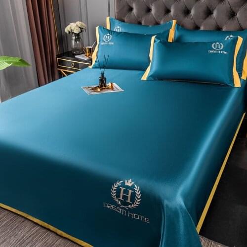 New Ice Silk Embroidered Mat Three Piece Set Solid Color Simple Atmospheric Style Soft And Comfortable Home High-Grade Bed Sheet