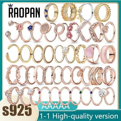 RAOPAN original high quality boutique 925 sterling silver rose gold crown geometric inlaid zircon sparkling ladies ring