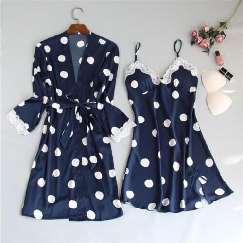 Sexy Women Polka Dot Robe & Gown Set Sleep Dress+Bathrobe Two Piece Sleepwear Women Faux Silk Night Dress Robe Suit