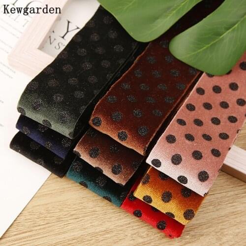 Kewgarden DIY Hair Bow tie Accessories Handmade Tape Webbing 1" 1.5" 25mm 38mm Black Dot Woolen Cloth Velvet Ribbon 5 Yards