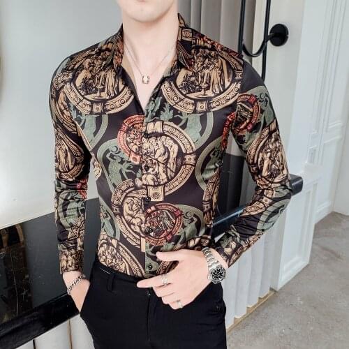 Stylish High Quality Print Shirts For Men Clothes 2020 Streetwear Long Sleeve Mens Casual Shirt Slim Fit Dress New Tuxedo Shirt