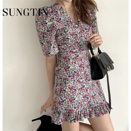 Sungtin Slim Mini Dress Floral Women Elegant Short Sleeve Dresses Korean Chic Casual A Line Vestidos Mujer 2021 New Party Flower