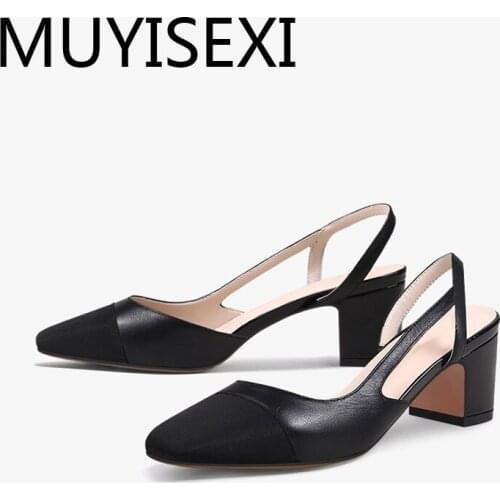 Women fashion elegant pumps genuine leather 5.5cm high heels mixed colors slip on square toe cozy slingback shoes HL218 MUYISEXI
