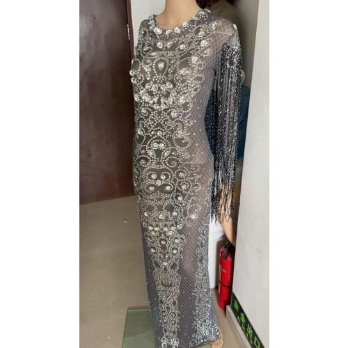 IN Stock Black Dress Perspective Mesh Sparkly Crystals Long Evening Party Rhinestones Dresses Birthday Celebrate Costume