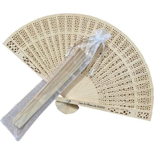 50 PCS Wood Folding Hand Fan Chinese Wooden Crafts Customized Wedding Names and Date Party Gift Favors Home Decorations