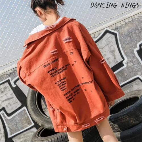Spring Fashion Denim Jacket Women Vintage Letter Jackets Harajuku Style Long Sleeve Ladies Hole Jeans Coat Oversize