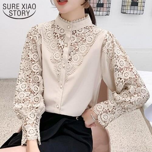 Spring Stand Collar Lace Blouse Women New Crochet Hollow Lace Patchwork Shirt Fashion Long Lantern Sleeve Button Top Blusa 13324