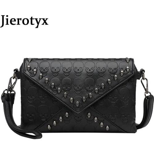 JIEROTYX Womens Fashion Tote Skull Prints And Skull-Shaped Rivets Messenger Travel Crossbody Femininas Black Punk Handbags