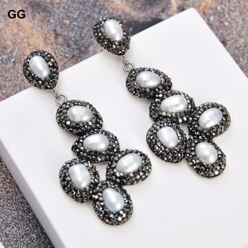 GuaiGuai Jewelry White Coin Keshi Pearl Black Crystal CZ Pave Stud Earrings For Women