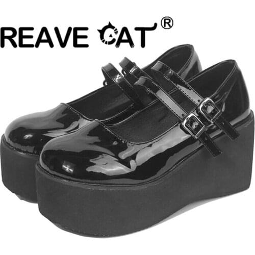 REAVE CAT 2021 Female Lolita Platform Pumps Mary Janes Buckle Strap 8CM High Heels Gothic Punk Round Toe Big Size 35-43 Pink