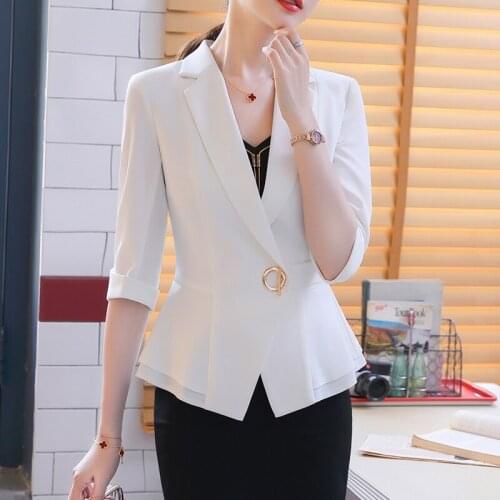 Summer Women 2021 Fashion Office Wear Basic Small Blazers Coat Half Sleeve Slim Female Outerwear Chic Tops
