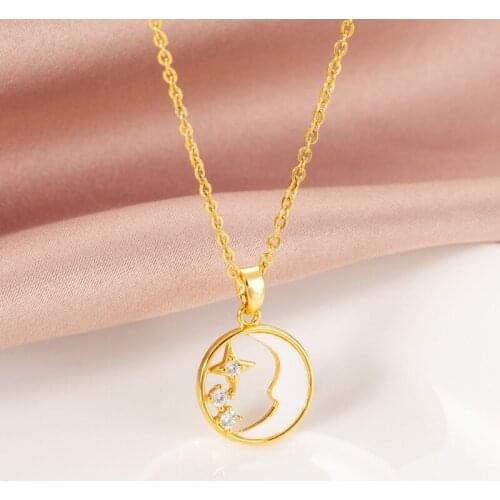 2021 New Zircon Shell Inlaid Sweet Star Moon Pendant Women Necklace No Fade Gold Color Stainless Steel Lady Jewelry Female Gift