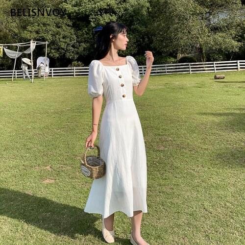 2021 New Summer Korean Chic Women White Dress Retro Square Collar Lantern Sleeve A-line Dress Hepburn Style Fairy Vestidos