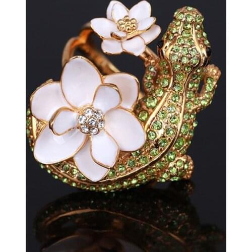 Enamel Flower Green Rhinestone Crocodile Lizard Ring For Women Unique Gold-plated Luxury Vintage Aesthetic Accessories Jewelry