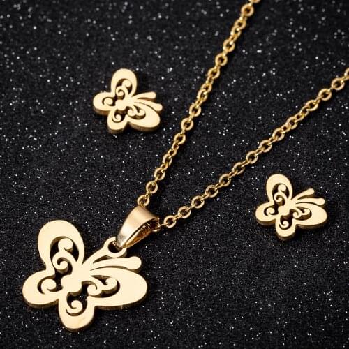 Animal Butterfly Earrings Necklaces Jewelry Sets For Women Hollow Butterfly Pendent Necklaces Stainless Steel Stud Earrings