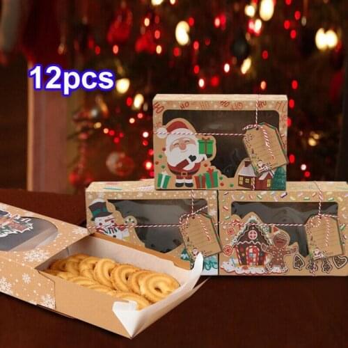 12Set (12 * Carton + 12 *Label + 12 * Rope ) European New Style Kraft Paper Large Christmas Candy Box PVC Window Cookie Box Ging