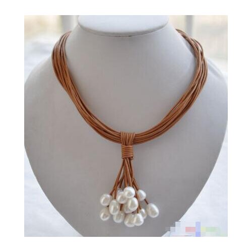 15row 17" 13mm white rice pearl coffee leather grape necklace