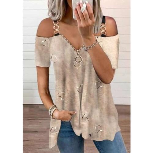 Blouse Women Sexy Cold Shoulder Heart Print Strap Tops Short Sleeve T-Shirt Top Zipper Neck Summer Vest Casual Blouse