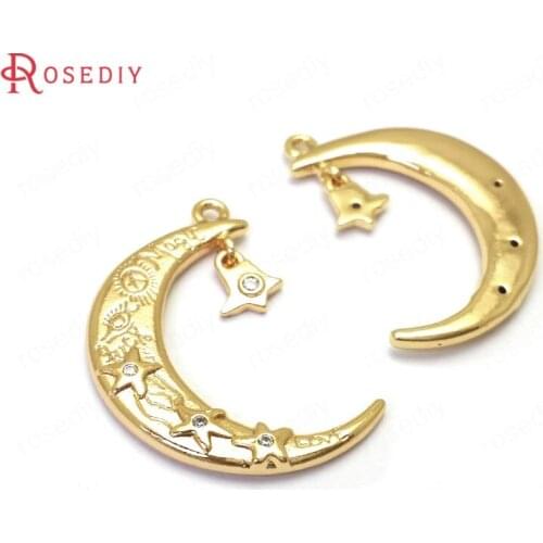 C932)4 pieces 27x17mm 24K Gold Color Brass + Zircon Moon and Star Charms Pendants High Quality Jewelry Findings Accessories