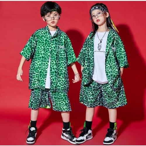 Children Summer Short Sleeves Shirts Shorts Green Leopard Hip Hop Outfits Girls Boys Jazz Drum Performance Stage Costume BL6725