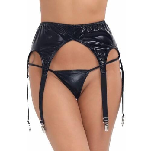 Women High Waist Patent Leather Suspender Sock Garter Belt Adjustable Metal Duck-Mouth Clips Suspender for Thigh High Stockings