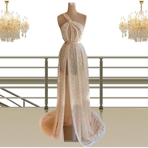 Floria Glitter Evening Dresses High Slit Prom Gowns Womens Clothes Girls Party Dress Boat-Neck Celebrity Night Vestidos A-Line