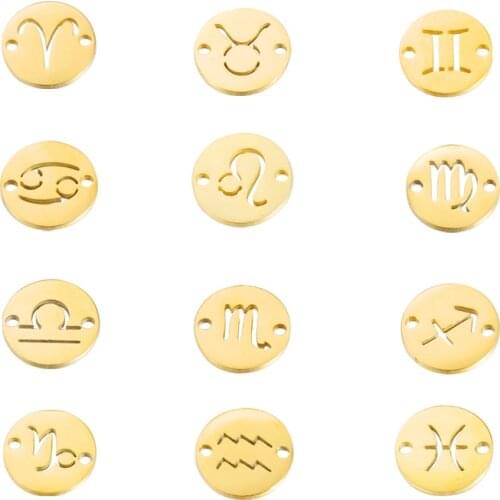 Fnixtar 12Pcs 12*1.5mm Mirror Polish Stainless Steel Zodiac Charms Constellations Connector Charms For Necklace Braid Bracelets